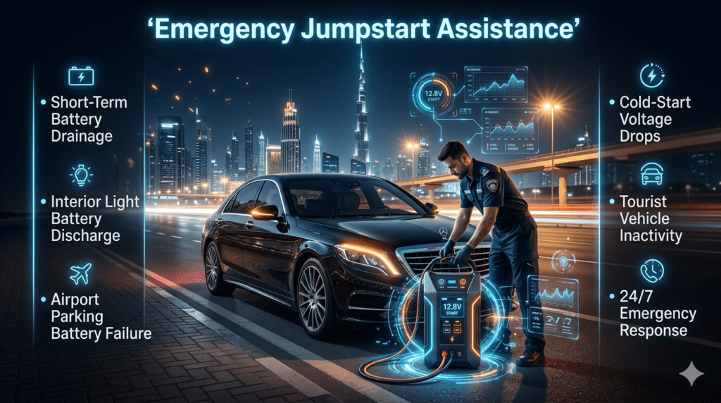 Emergency Jumpstart Assistance Luxury Dubai roadside jumpstart assistance showing technician using portable booster system to restart a dead battery vehicle with futuristic diagnostic effects.