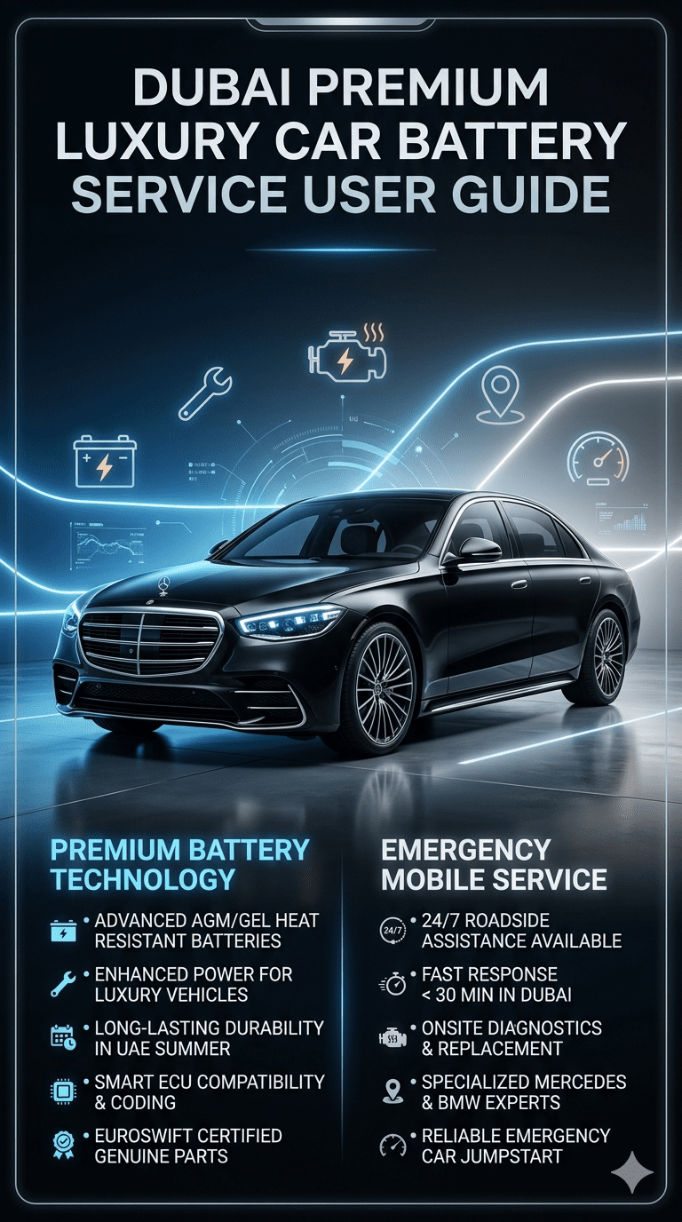 Luxury car battery replacement infographic showing a premium Dubai automotive service guide with a central luxury car battery image, side bullet points explaining fast installation, heat resistance, and OEM battery importance, with a bold title at the top and modern futuristic design elements.