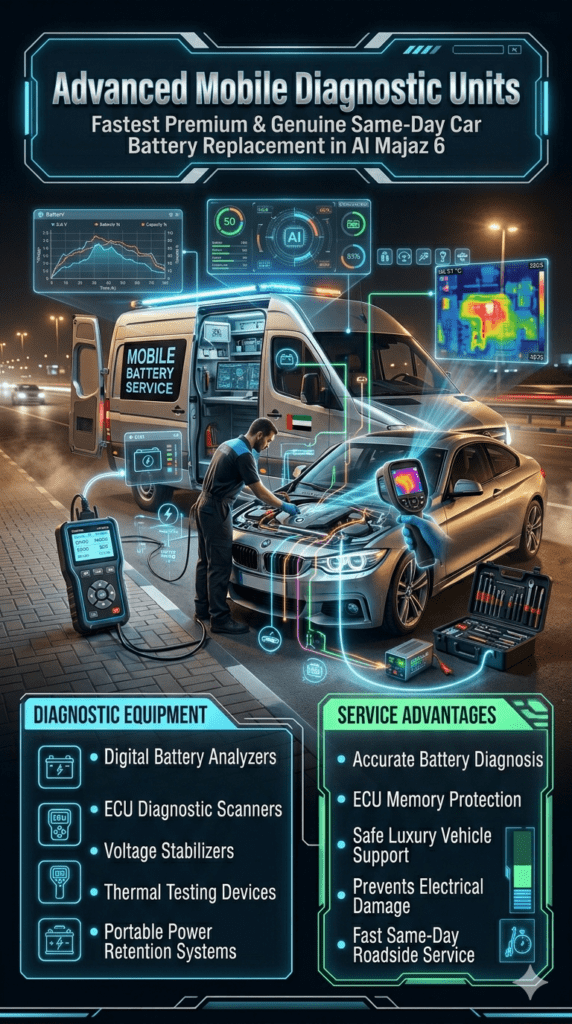 Advanced mobile diagnostic unit in Al Majaz 6 showing ECU scanners, digital battery analyzers, voltage stabilizers, and thermal testing devices during luxury car battery replacement service.