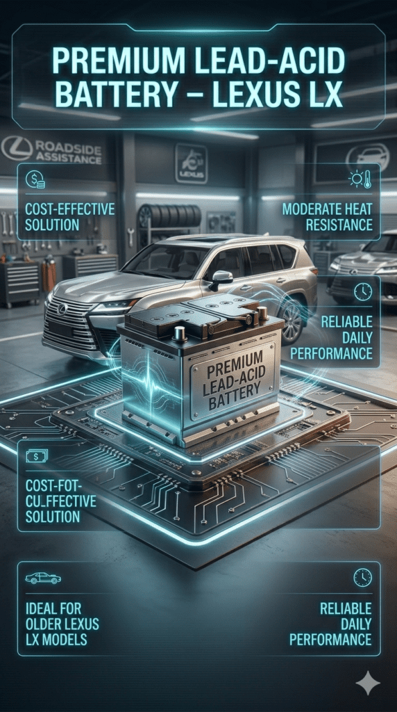 Premium Lead-Acid battery installed in Lexus LX SUV showing cost-effective power solution, heat resistance and reliable performance in modern automotive workshop.