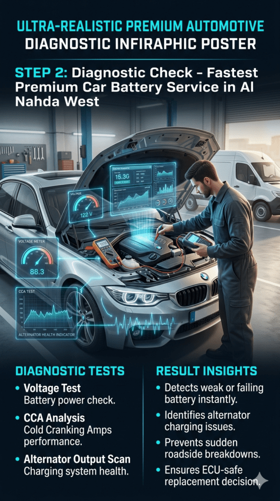 Automotive technician performing car battery diagnostic check using voltage test, CCA analysis, and alternator scan with digital tools in a modern workshop environment.