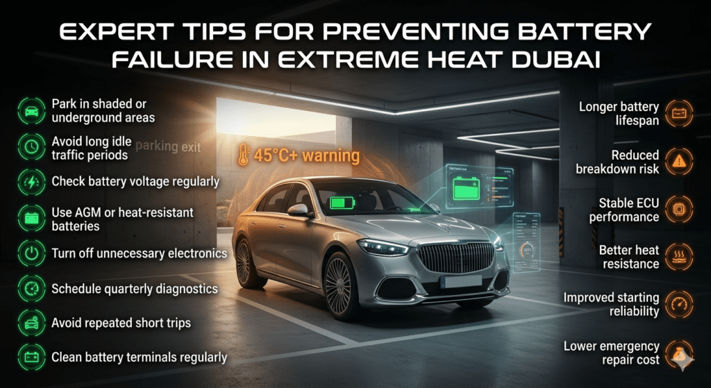 Luxury automotive infographic showing expert tips to prevent car battery failure in extreme Dubai heat with shaded parking, AGM battery usage, voltage checks, and maintenance recommendations.
