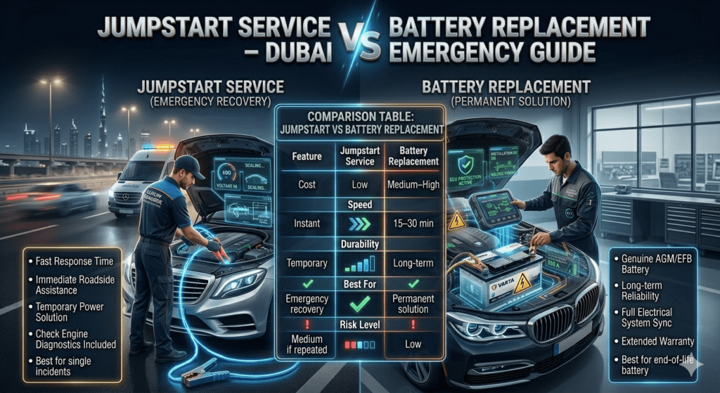 Comparison infographic showing jumpstart service versus battery replacement in Dubai with cost, speed, durability, and risk differences.