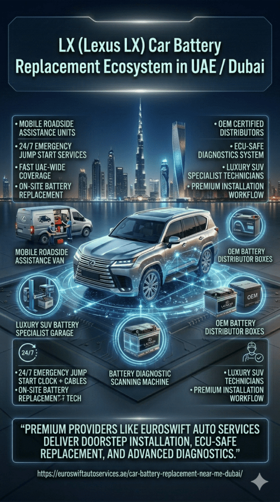 Luxury infographic showing Lexus LX battery replacement ecosystem in UAE with mobile assistance, OEM suppliers, diagnostics centers, and premium service network around Dubai skyline.