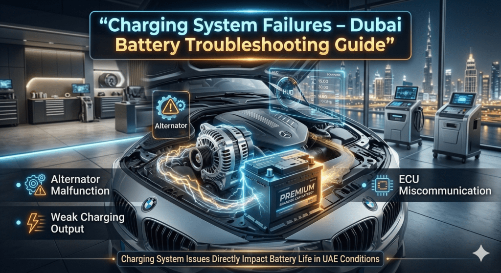 Infographic showing charging system failures in Dubai including alternator malfunction, weak charging output, and ECU miscommunication in a luxury car engine bay.