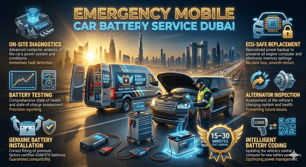 Mobile car battery service van in Dubai performing on-site diagnostics, premium battery replacement, ECU-safe installation, luxury car roadside assistance with technician and tools.