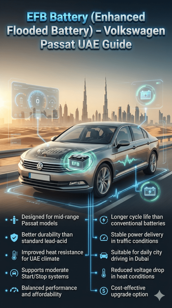Infographic showing EFB battery used in Volkswagen Passat with Dubai city background, highlighting features like heat resistance, mid-range performance, and cost-effectiveness in a modern automotive design layout.
