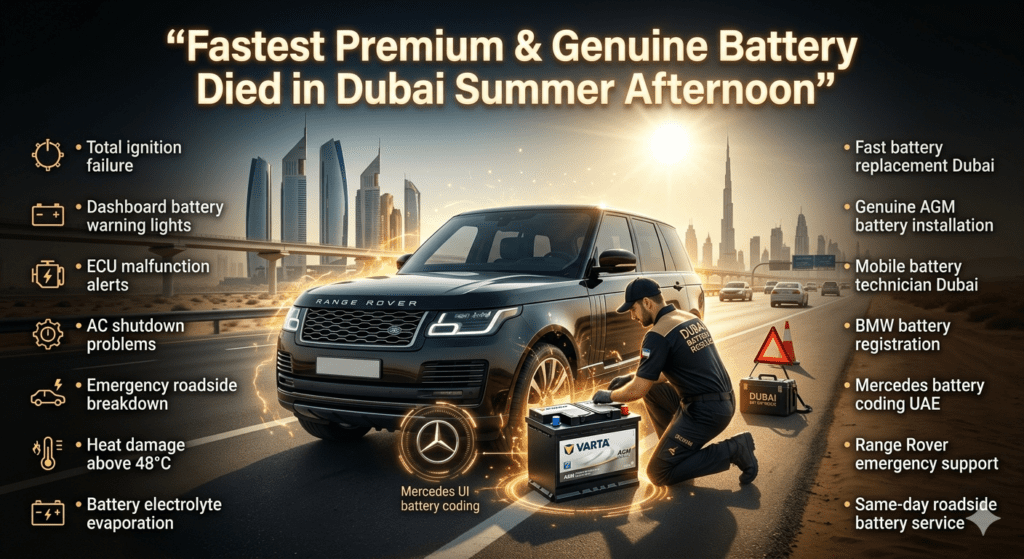 Premium Dubai roadside car battery replacement emergency guide showing a luxury SUV with dead battery under extreme summer heat, dashboard warning lights, ECU alerts, and expert mobile battery technicians providing fast AGM battery replacement service in Dubai.