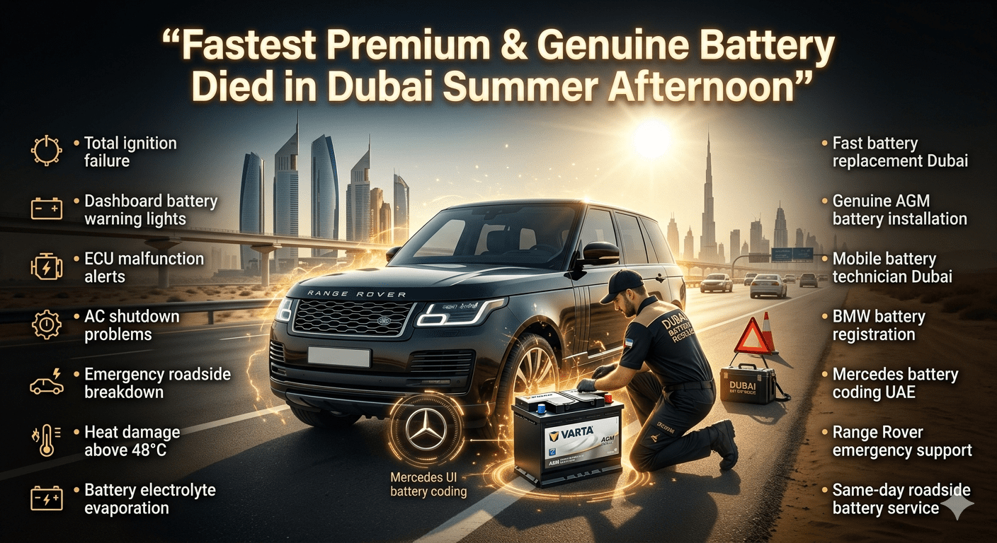 Premium Dubai roadside car battery replacement emergency guide showing a luxury SUV with dead battery under extreme summer heat, dashboard warning lights, ECU alerts, and expert mobile battery technicians providing fast AGM battery replacement service in Dubai.