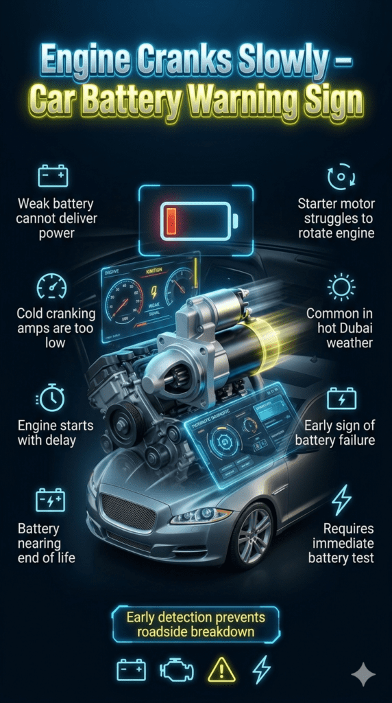 Car battery warning infographic showing engine cranks slowly issue with weak battery, starter motor struggle, and diagnostic indicators highlighting early battery failure symptoms.
