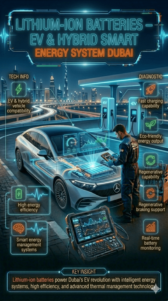 Lithium-ion EV battery diagnostic scene in Dubai showing electric vehicle with smart energy management system, high efficiency battery cells, and EV charging infrastructure in futuristic city environment.