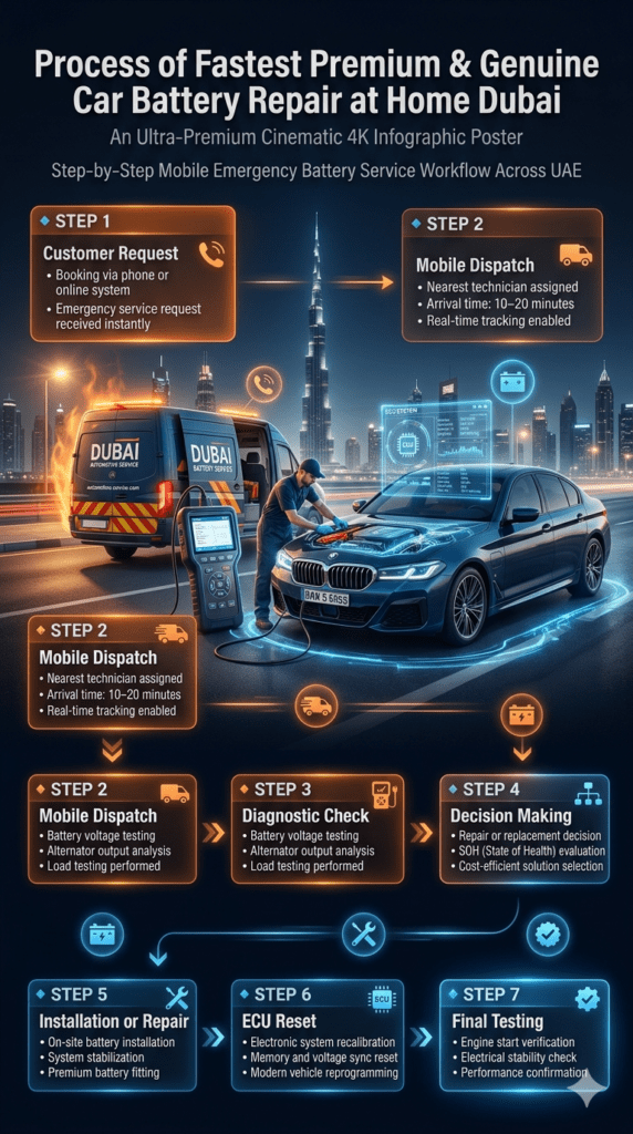 Step-by-step mobile car battery repair process in Dubai showing customer request, dispatch, diagnostics, installation, ECU reset, and final testing on luxury vehicles.