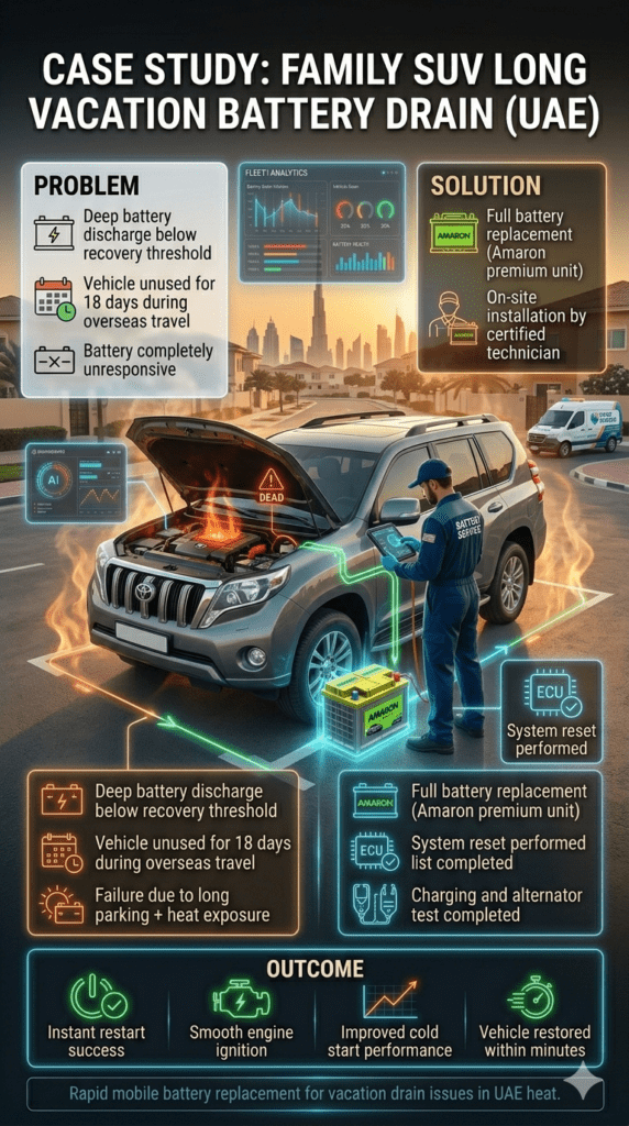 Toyota Prado SUV battery failure case study in Dubai showing long vacation drain, roadside replacement service, and successful restart outcome.