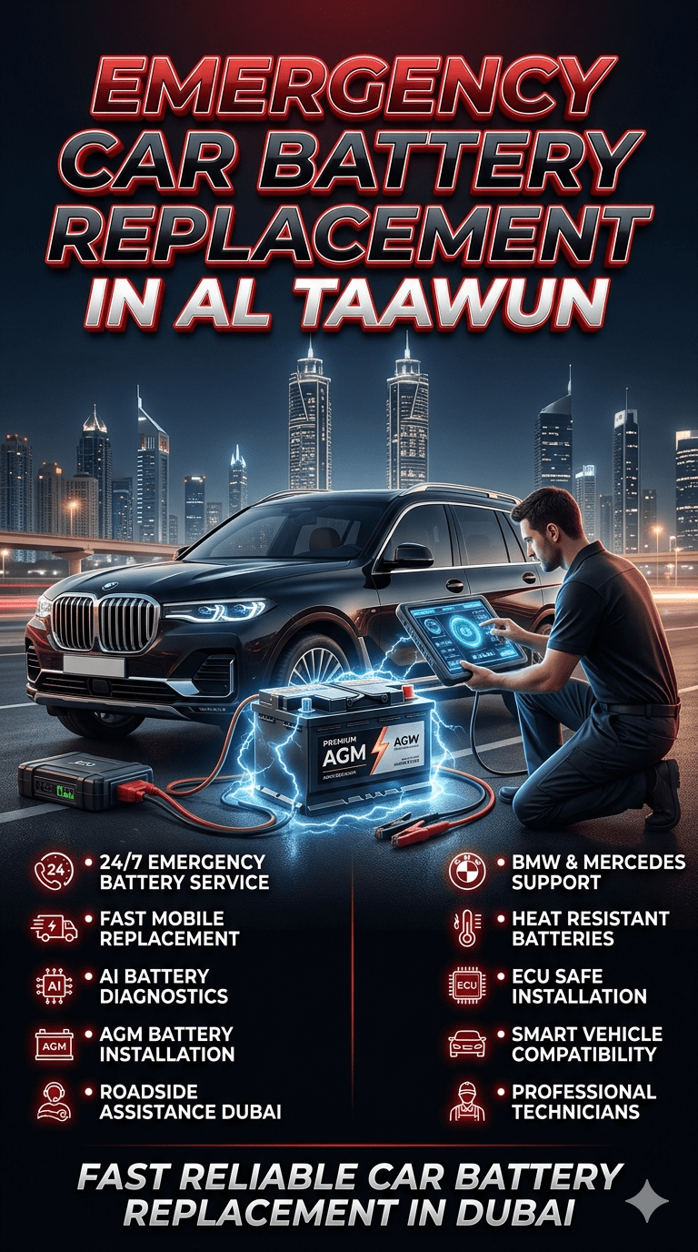 Emergency car battery replacement service in Al Taawun Dubai with luxury SUV, AGM battery installation, AI diagnostics, roadside technician, and premium automotive infographic design.