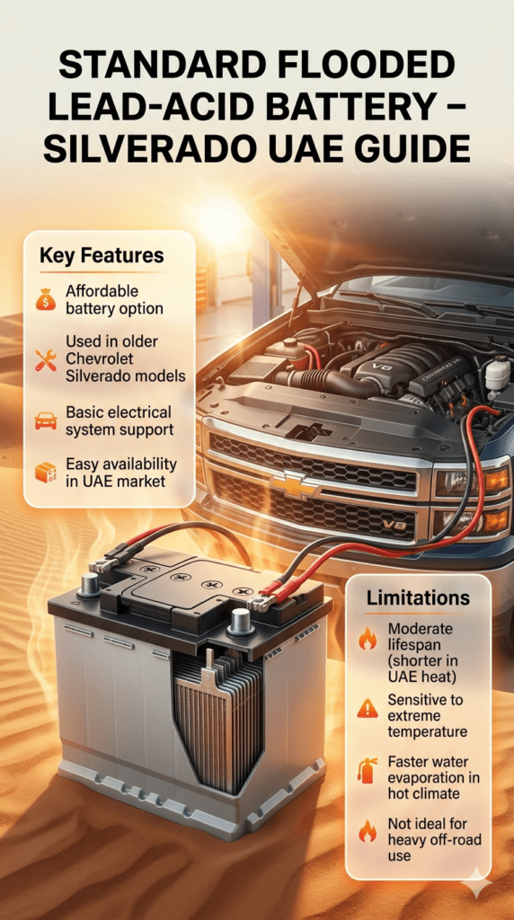 Standard Flooded Lead-Acid Battery for Chevrolet Silverado β UAE Basic Battery Guide Standard flooded lead-acid battery used in Chevrolet Silverado vehicles shown in a Dubai heat environment infographic highlighting affordability, moderate lifespan, and heat sensitivity.