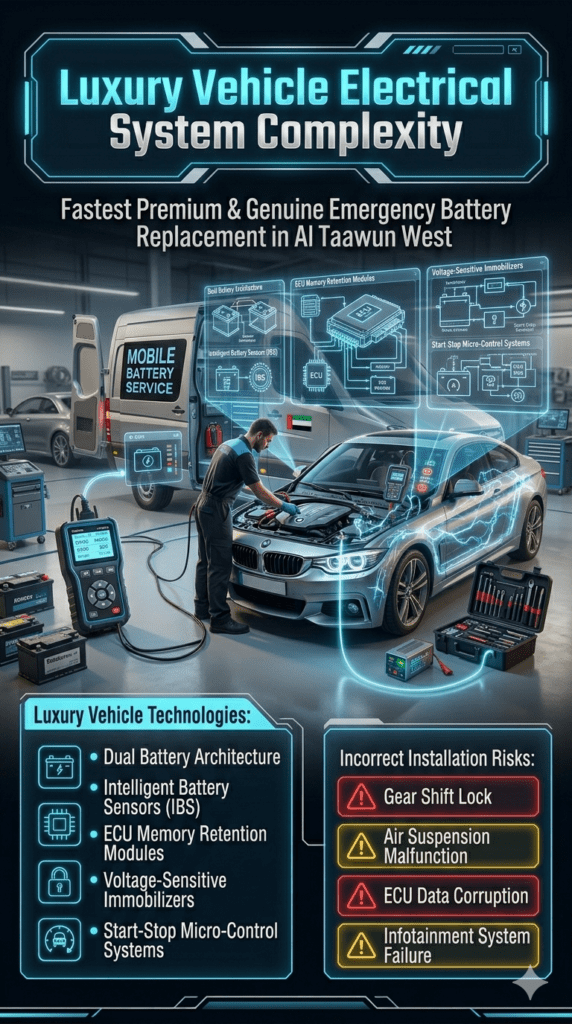Luxury Vehicle Electrical System Complexity β Emergency Battery Replacement in Al Taawun West Luxury vehicle electrical system infographic showing BMW and Mercedes battery architecture, ECU modules, intelligent battery sensors, and emergency battery replacement diagnostics in UAE.