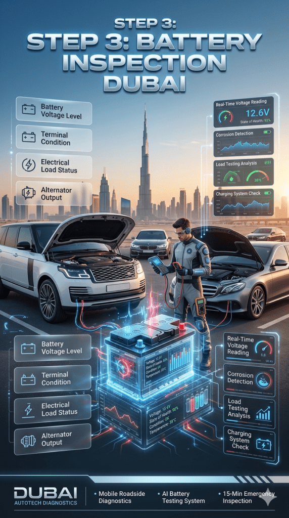 Luxury automotive infographic showing step 3 battery inspection process in Dubai including voltage check, terminal condition, electrical load status, and alternator output testing.