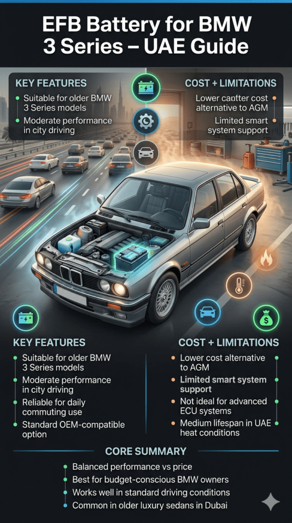 Infographic showing BMW 3 Series older model with EFB battery highlighted, explaining moderate performance, city driving suitability, lower cost alternative, and limited smart system support in UAE conditions.