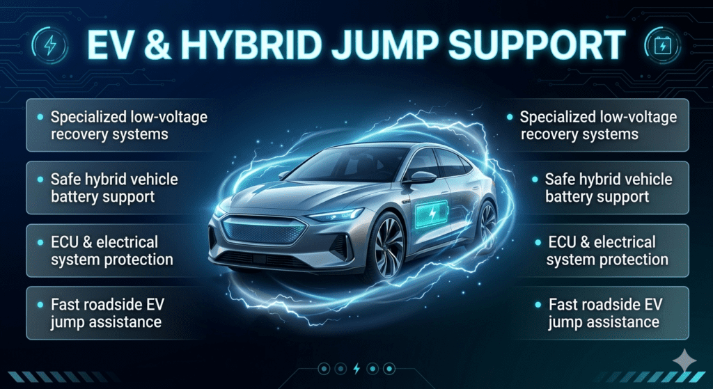 Premium EV and hybrid jump start service poster showing a futuristic electric car in the center, surrounded by glowing energy effects and side panels listing low-voltage recovery features, designed in a high-tech automotive style.
