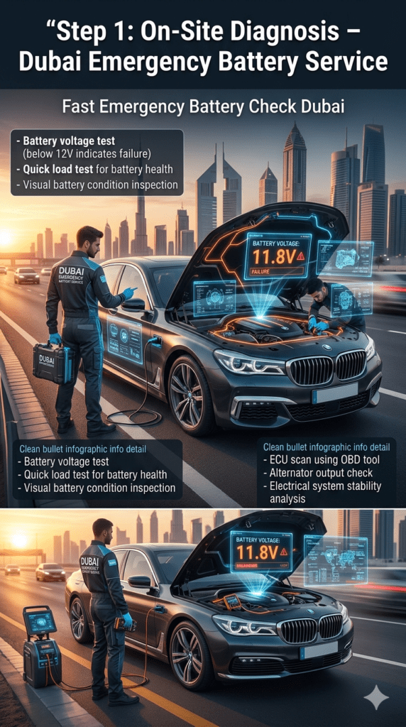 Luxury car roadside diagnosis in Dubai showing technician performing battery voltage test, ECU scan, and alternator check using advanced diagnostic tools in a premium infographic style.