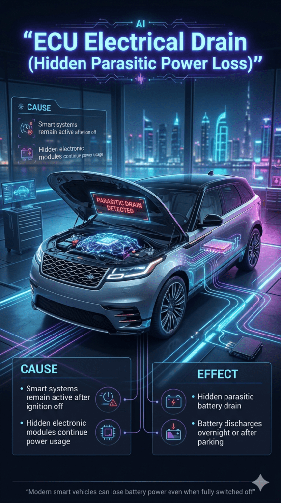 Luxury Dubai automotive infographic showing ECU electrical drain with smart systems consuming hidden power after ignition off, futuristic AI HUD diagnostics, and premium vehicle electrical visualization.