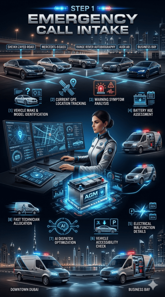 Step 1: Emergency Call Intake Premium Dubai emergency battery service infographic showing AI-powered emergency call intake, GPS dispatch tracking, vehicle diagnostics, and luxury roadside battery support.