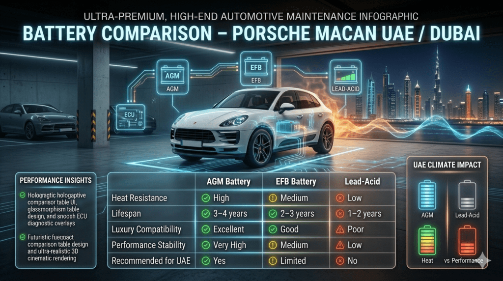 Luxury infographic comparing AGM, EFB, and Lead-Acid batteries for Porsche Macan in UAE/Dubai showing heat resistance, lifespan, performance, and suitability.