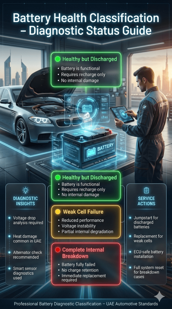 Car battery health classification showing healthy discharged battery, weak cell failure, and complete internal breakdown with diagnostic scanning system in Dubai automotive service.