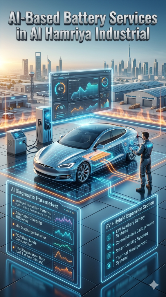 Futuristic AI-based car battery diagnostic system in Al Hamriya Industrial showing holographic battery health analysis, voltage trends, and EV auxiliary systems connected to a luxury vehicle.