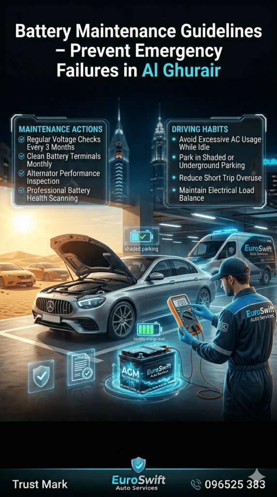 Battery Maintenance Guidelines – Extend Car Battery Life in Dubai Conditions Car battery maintenance guide showing voltage checks, alternator inspection, shaded parking advice, and terminal cleaning tips for preventing emergency battery failure in Dubai Al Ghurair conditions.