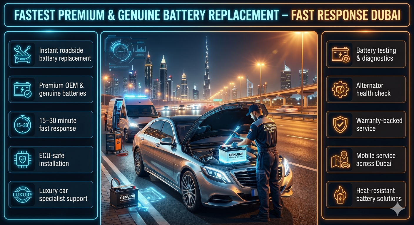 Premium infographic showing fast response car battery replacement service in Dubai with luxury vehicle, technician, and key service features displayed in modern UI layout.