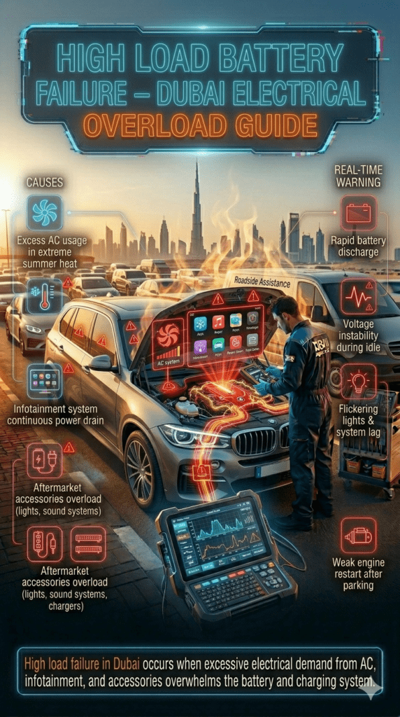 High load battery failure diagnostic scene in Dubai showing excessive AC usage, infotainment drain, and aftermarket accessories overload causing electrical system stress in luxury SUV during traffic conditions.