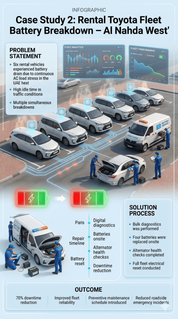 Case study infographic showing rental Toyota fleet battery breakdown in UAE with mobile battery replacement service, diagnostics, and downtime reduction results.