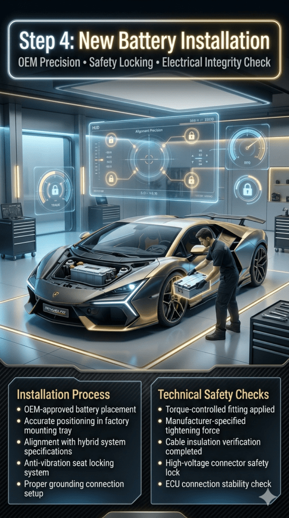 Futuristic infographic showing OEM battery installation in a supercar inside a Dubai workshop with torque-controlled fitting and cable insulation verification.
