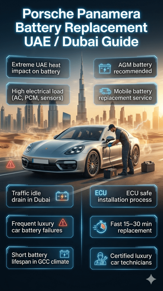 Luxury infographic showing Porsche Panamera battery replacement guide in UAE/Dubai with Dubai skyline background, highlighting heat impact, battery failure causes, and mobile replacement service steps.