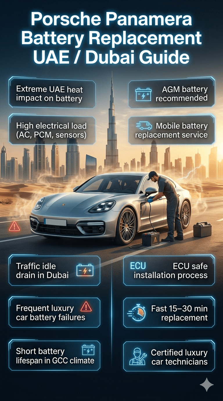 Luxury infographic showing Porsche Panamera battery replacement guide in UAE/Dubai with Dubai skyline background, highlighting heat impact, battery failure causes, and mobile replacement service steps.