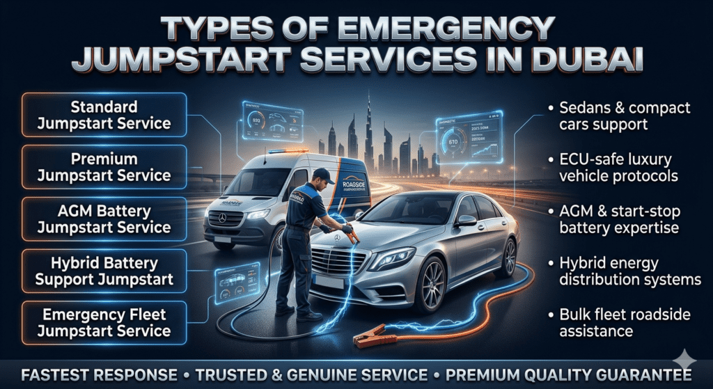Infographic showing different types of emergency jumpstart services in Dubai with luxury roadside technician, categorized service panels, and futuristic automotive design.