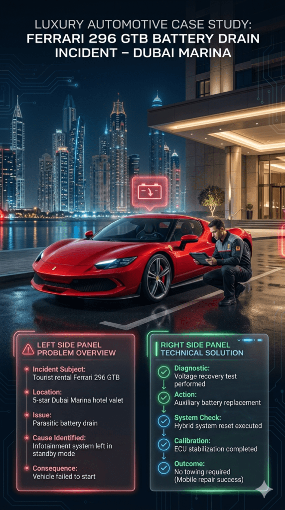Ferrari 296 GTB battery drain case study in Dubai Marina showing tourist rental car at luxury hotel, diagnostic testing, auxiliary battery replacement, and hybrid system reset without towing.