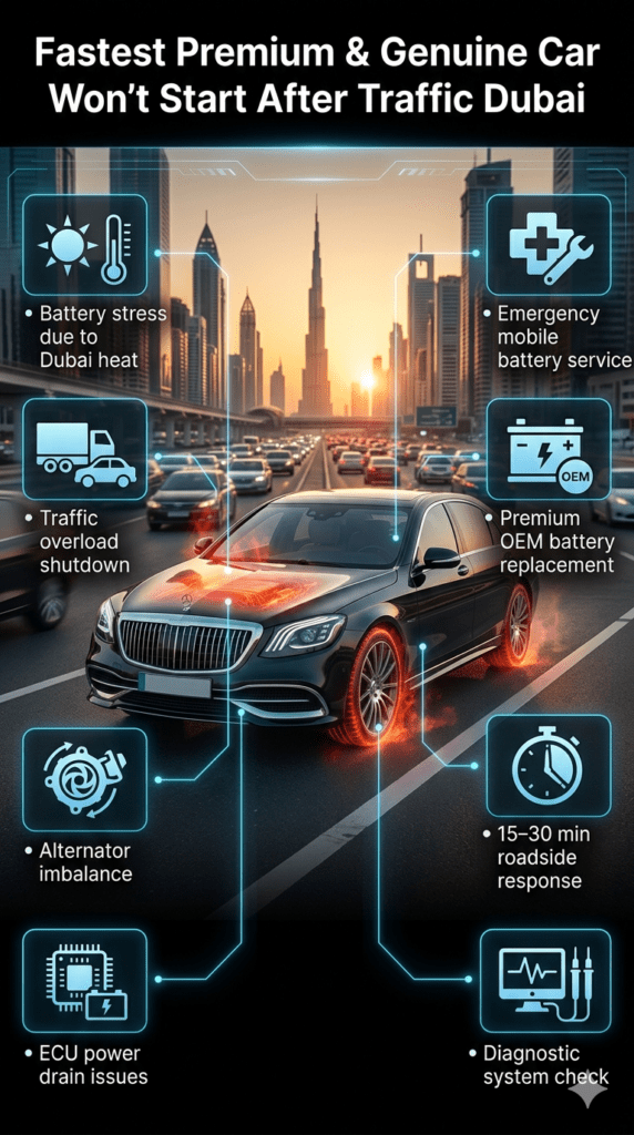 Luxury car breakdown in Dubai traffic showing emergency battery failure infographic with roadside assistance points, heat stress effects, and mobile battery replacement guide layout.