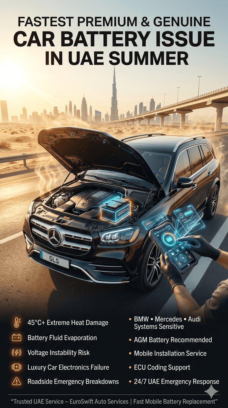 Luxury car battery replacement infographic showing UAE summer heat effects, BMW Mercedes engine bay with AGM battery, Dubai skyline background, emergency roadside battery failure guide with professional automotive service visuals.