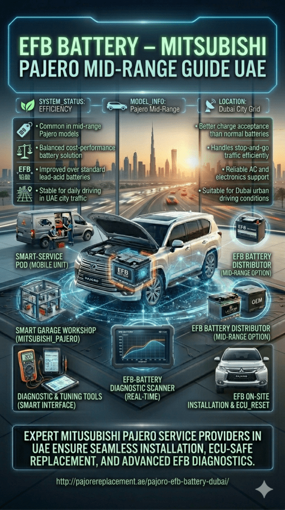 Mitsubishi Pajero with EFB battery installed in engine bay, showing urban Dubai driving environment, highlighting balanced performance, cost efficiency, and daily city use suitability.