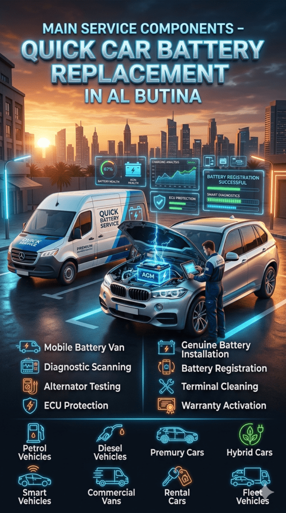 Premium roadside car battery replacement infographic in Al Butina showing mobile battery van, diagnostic scanning, ECU-safe installation, and support for luxury, hybrid, and commercial vehicles.