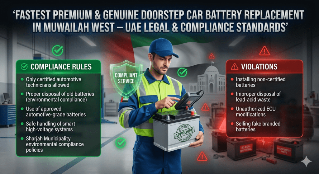 UAE automotive compliance infographic showing legal requirements and violations for doorstep car battery replacement in Muwailah West including certified technicians, battery disposal rules, and Sharjah Municipality regulations.