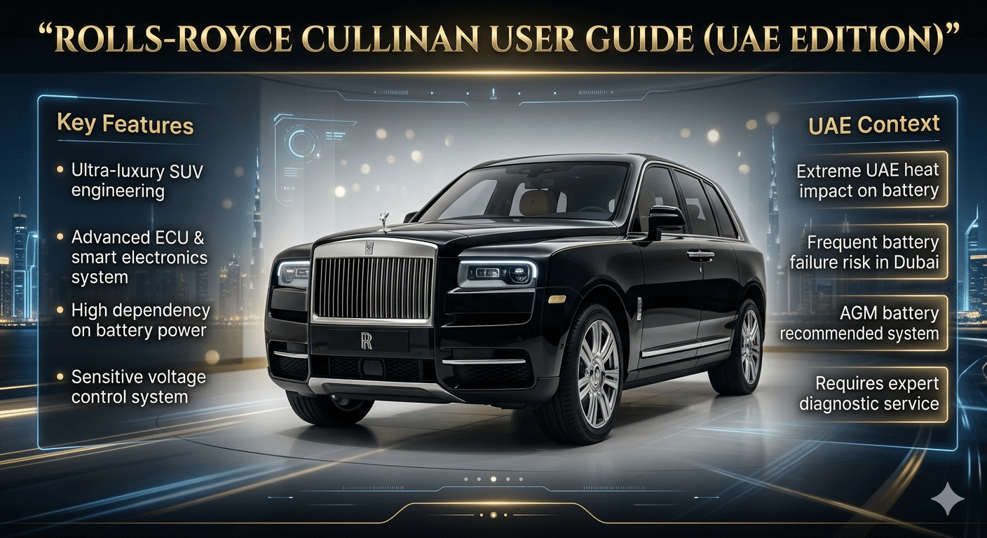 Ultra-premium user guide infographic of Rolls-Royce Cullinan SUV showing luxury features, ECU system, and UAE heat battery issues with futuristic Dubai background and technical side panels.