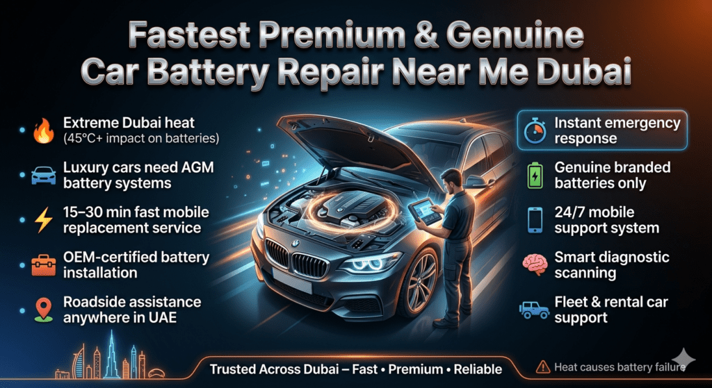 Luxury car battery repair infographic showing Fastest Premium & Genuine car battery repair near me Dubai with luxury vehicle, mobile mechanic, and emergency roadside assistance in futuristic automotive design.