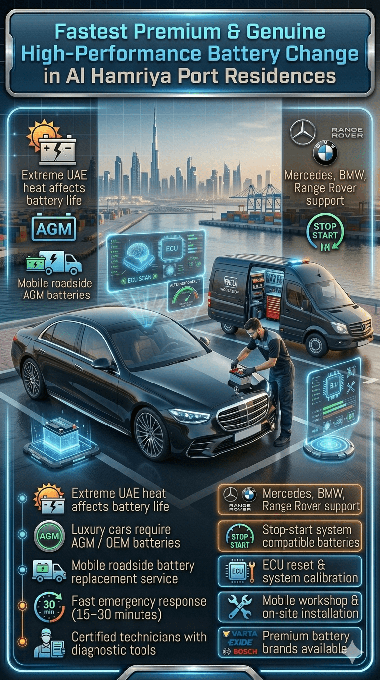 Luxury car battery replacement service in Al Hamriya Port Residences Dubai showing technician performing mobile battery installation with infographic style layout and Dubai skyline background.