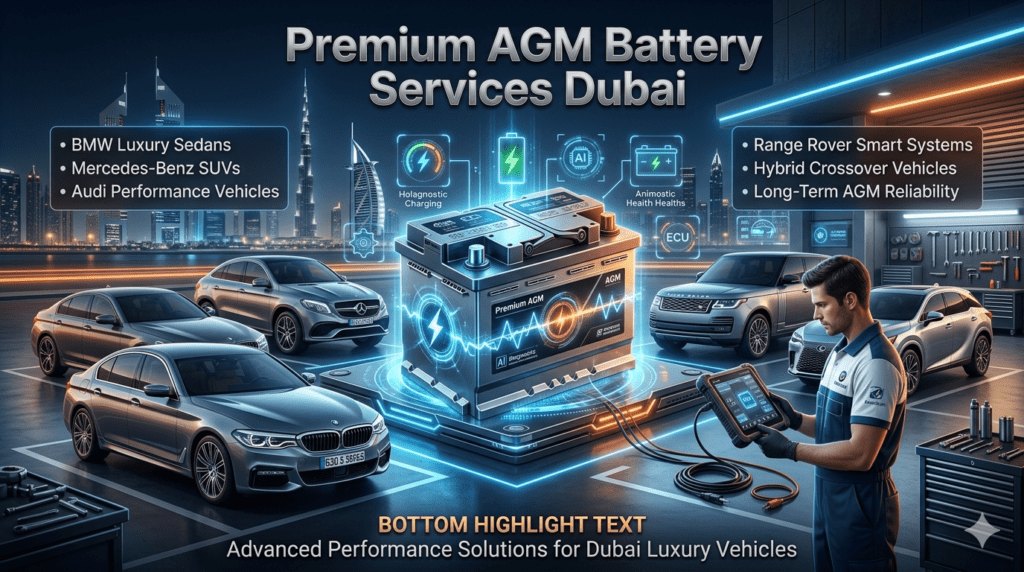 Premium AGM battery service in Dubai featuring BMW, Mercedes-Benz, Audi, Range Rover, and hybrid crossover vehicles with advanced automotive diagnostics and luxury roadside support.
