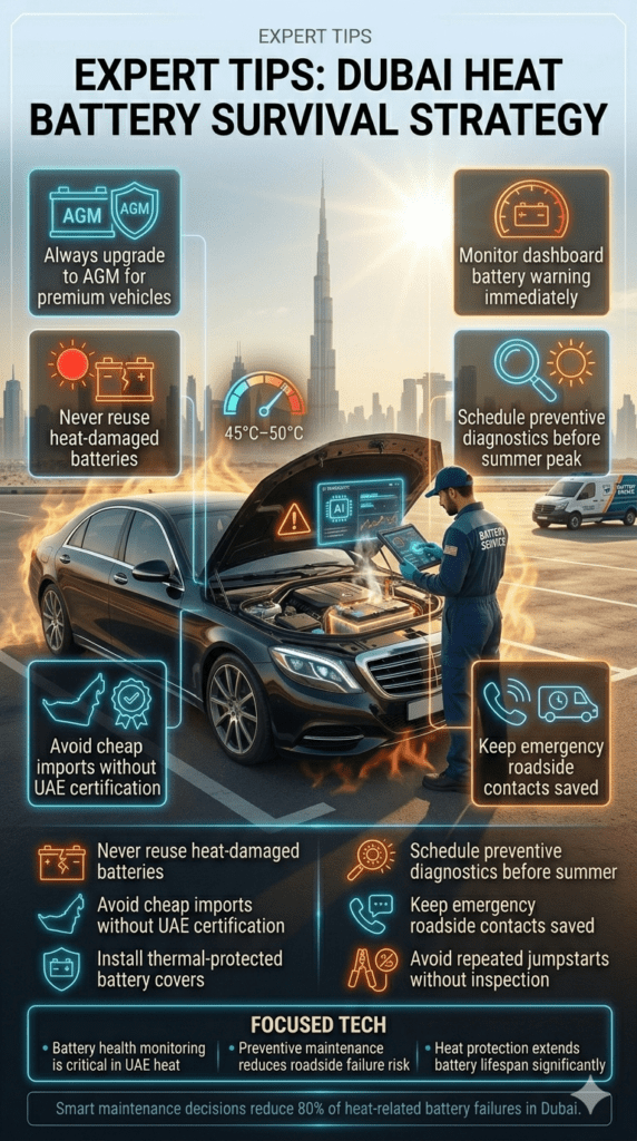 Luxury car battery heat survival infographic in Dubai showing expert tips such as upgrading to AGM batteries, avoiding heat-damaged batteries, and preventive diagnostics under extreme UAE summer conditions.