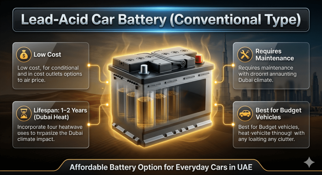 Lead-acid car battery conventional type infographic showing low cost, short lifespan, maintenance needs, and budget vehicle usage in Dubai heat