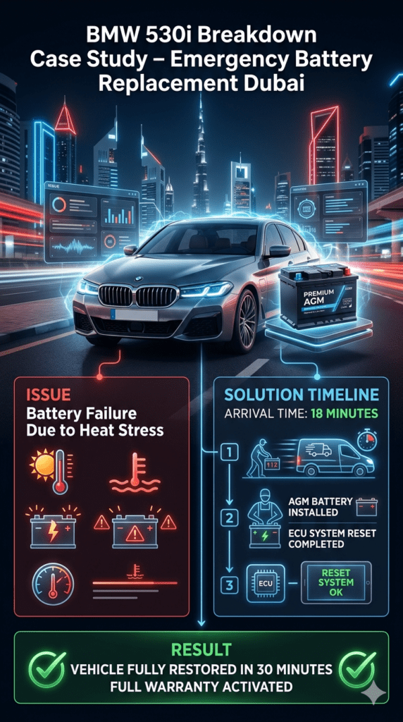 Infographic showing BMW 530i breakdown case in Dubai with battery failure issue, emergency AGM replacement solution, and full vehicle recovery within 30 minutes.